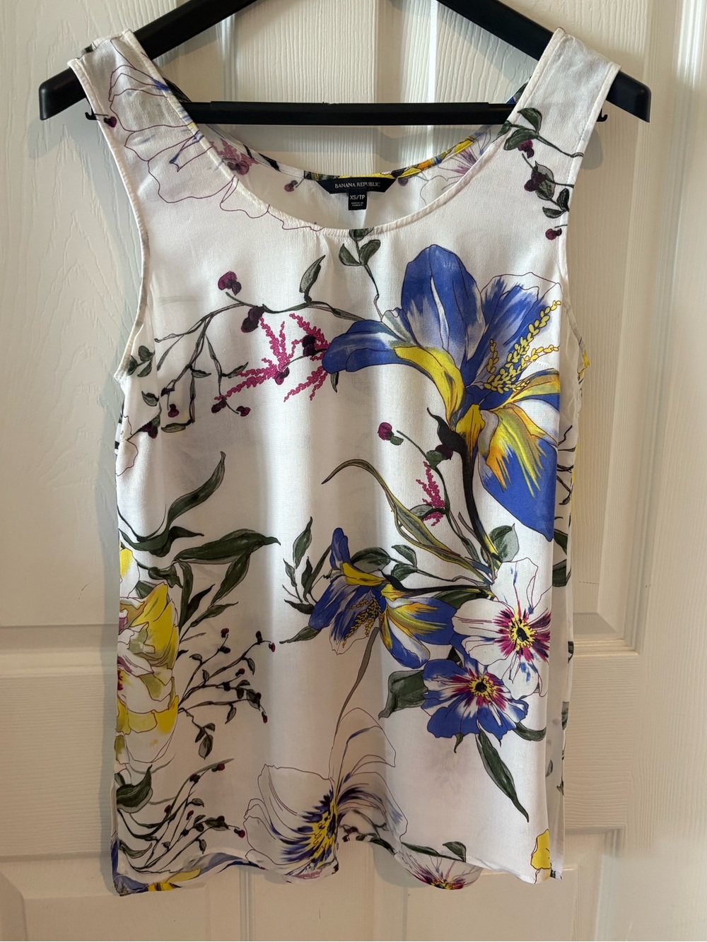 Floral Scoop Neck Camisole in White with Blue & Yellow Blooms Tank Top
